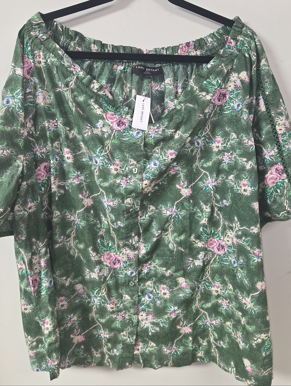 Lane Bryant Green Floral Button-Front Blouse with Pink Accents